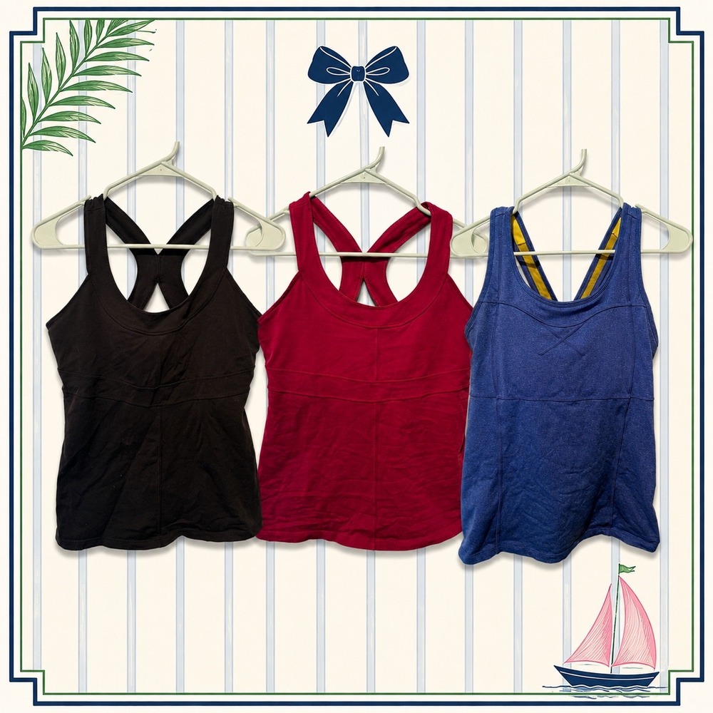 Athleta 3 Pack Built In Shelf Bra Tank Tops Large Black Red Blue Athletic Bundle